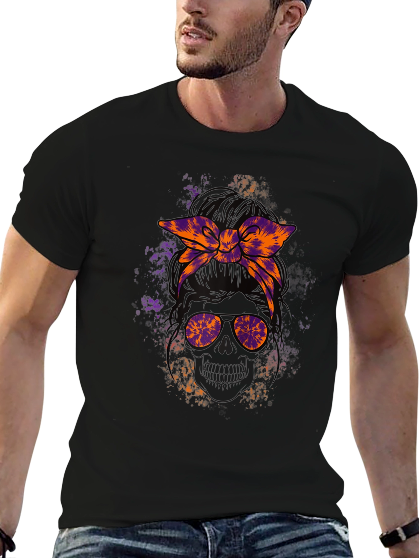 Messy Bun Skull Graphic Tee - Halloween Vibes