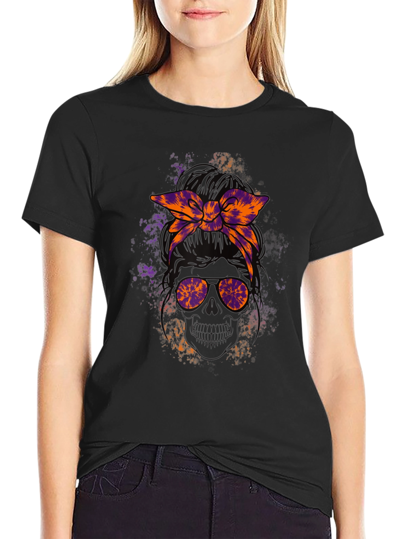 Messy Bun Skull Graphic Tee - Halloween Vibes