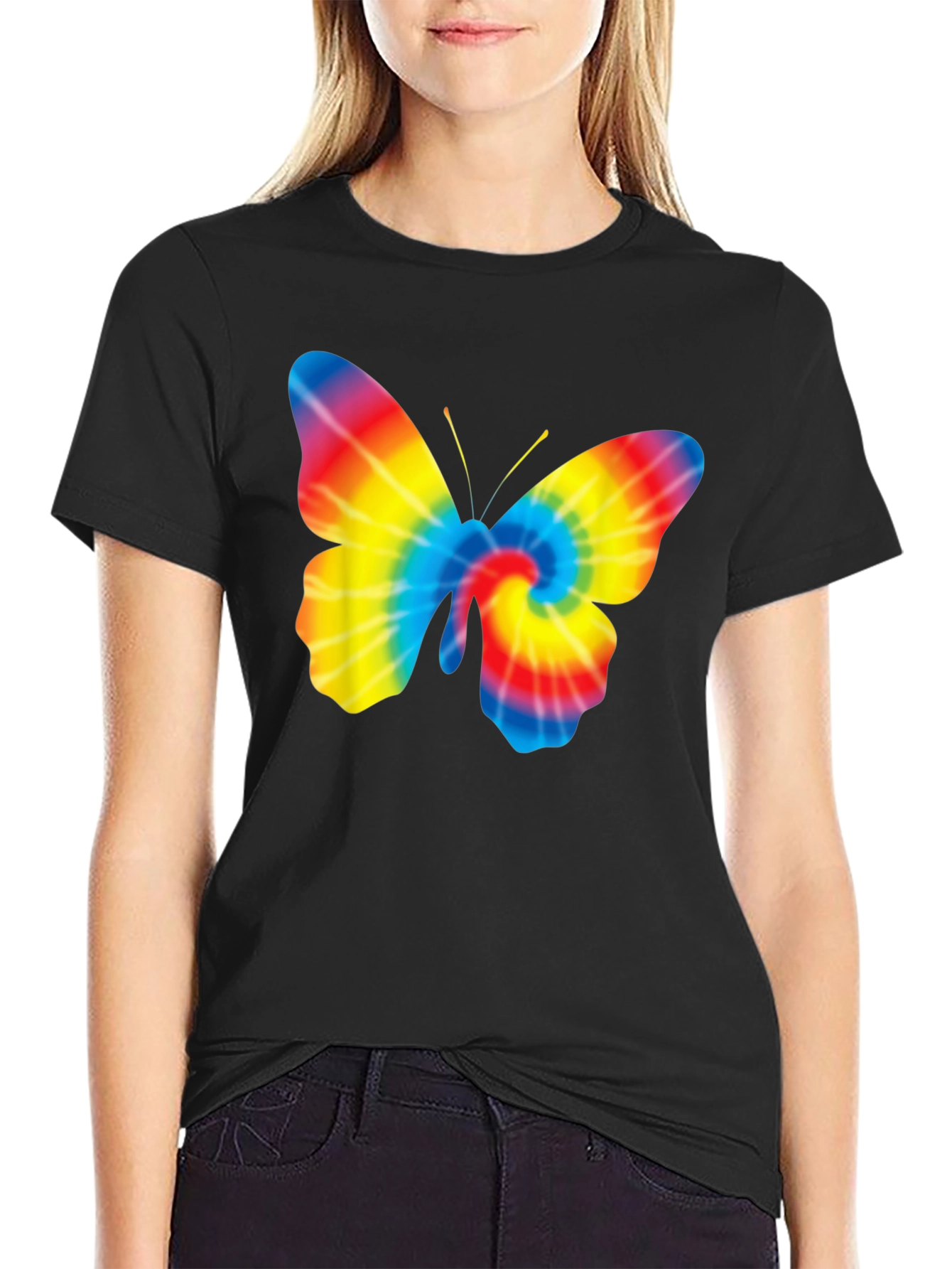 Tie Dye Butterfly Graphic Black T-Shirt
