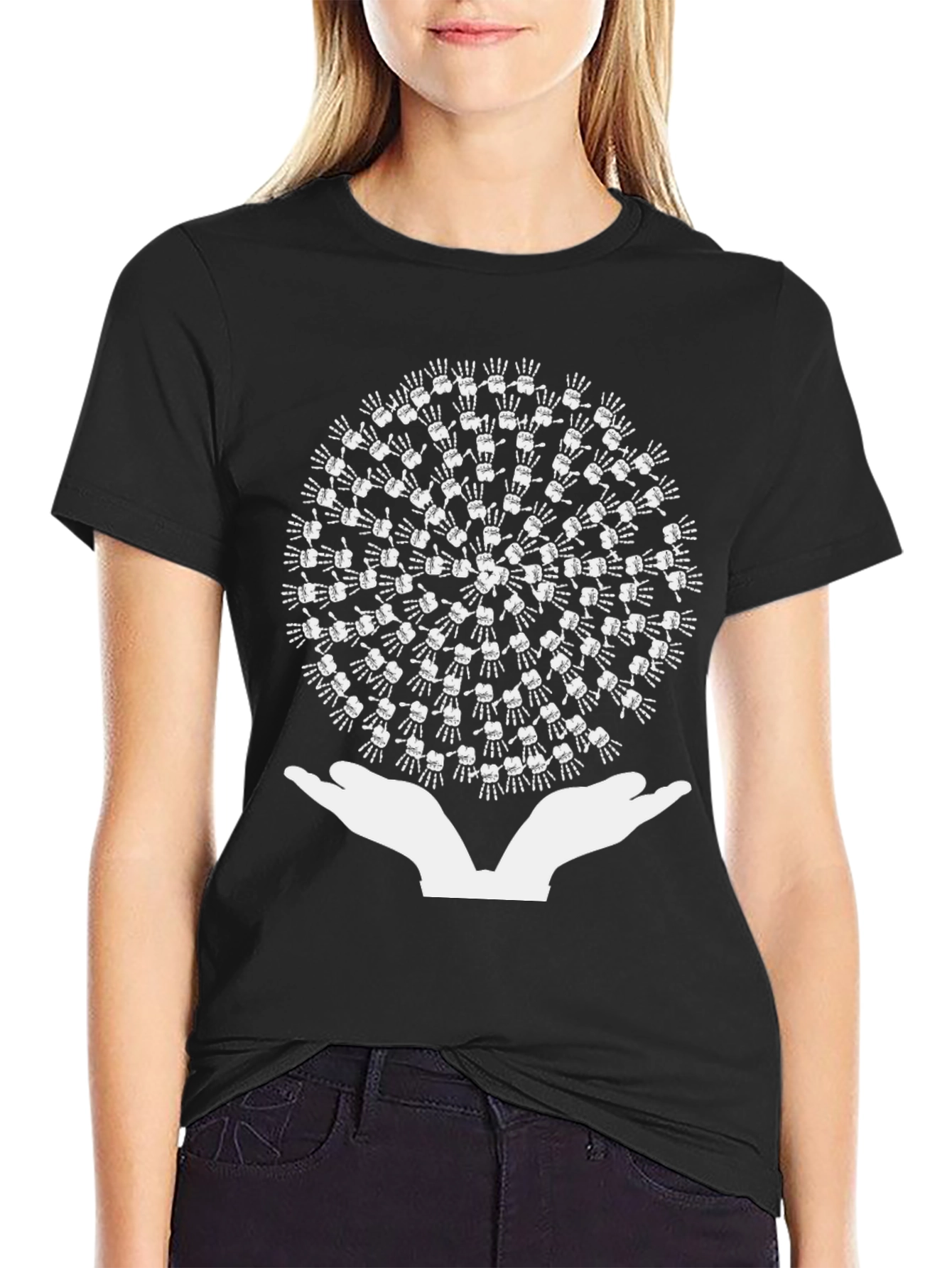 Hands Holding Skeleton Hand Circle Black T-Shirt