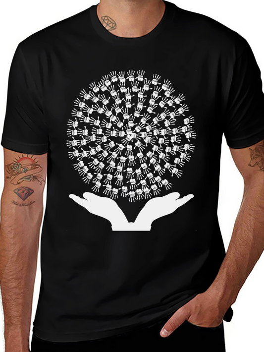 Hands Holding Skeleton Hand Circle Black T-Shirt