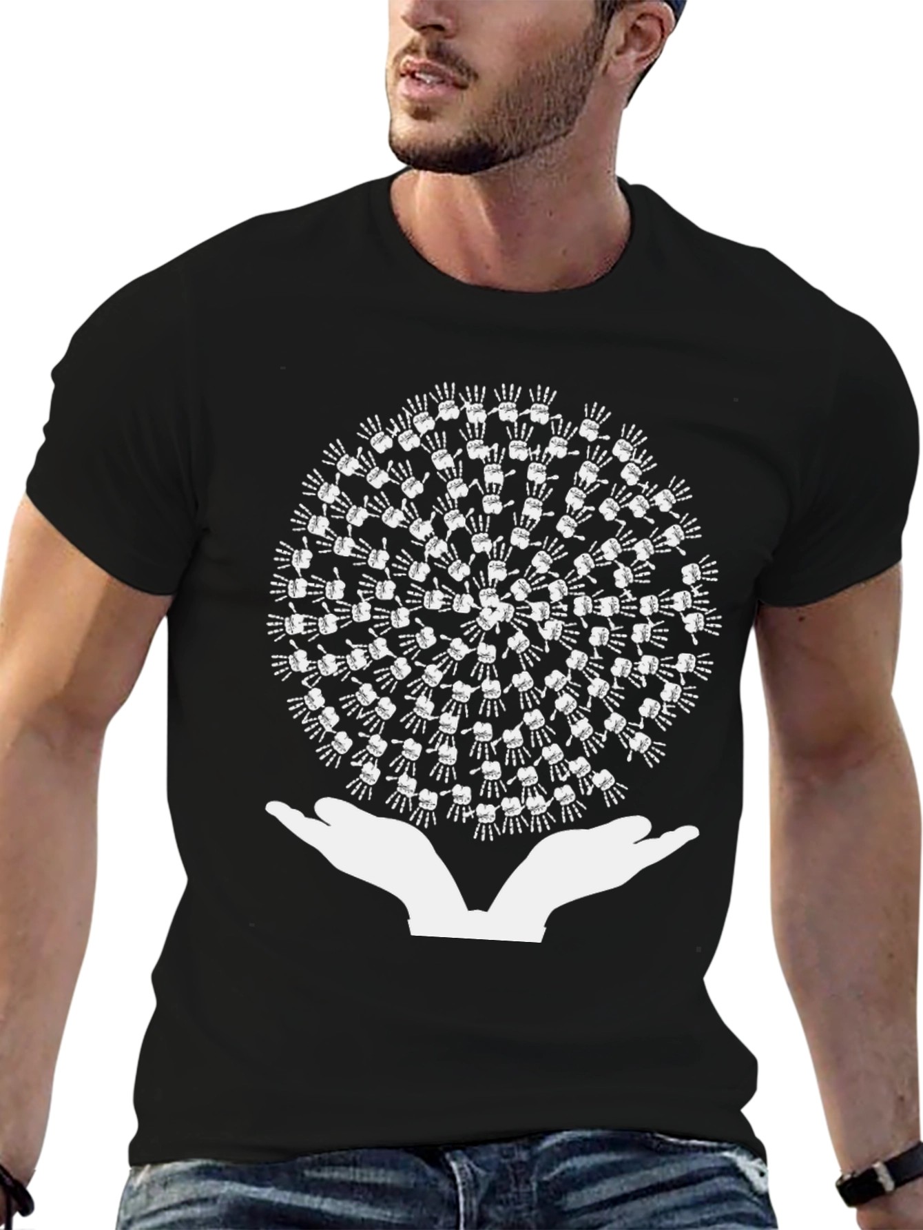 Hands Holding Skeleton Hand Circle Black T-Shirt