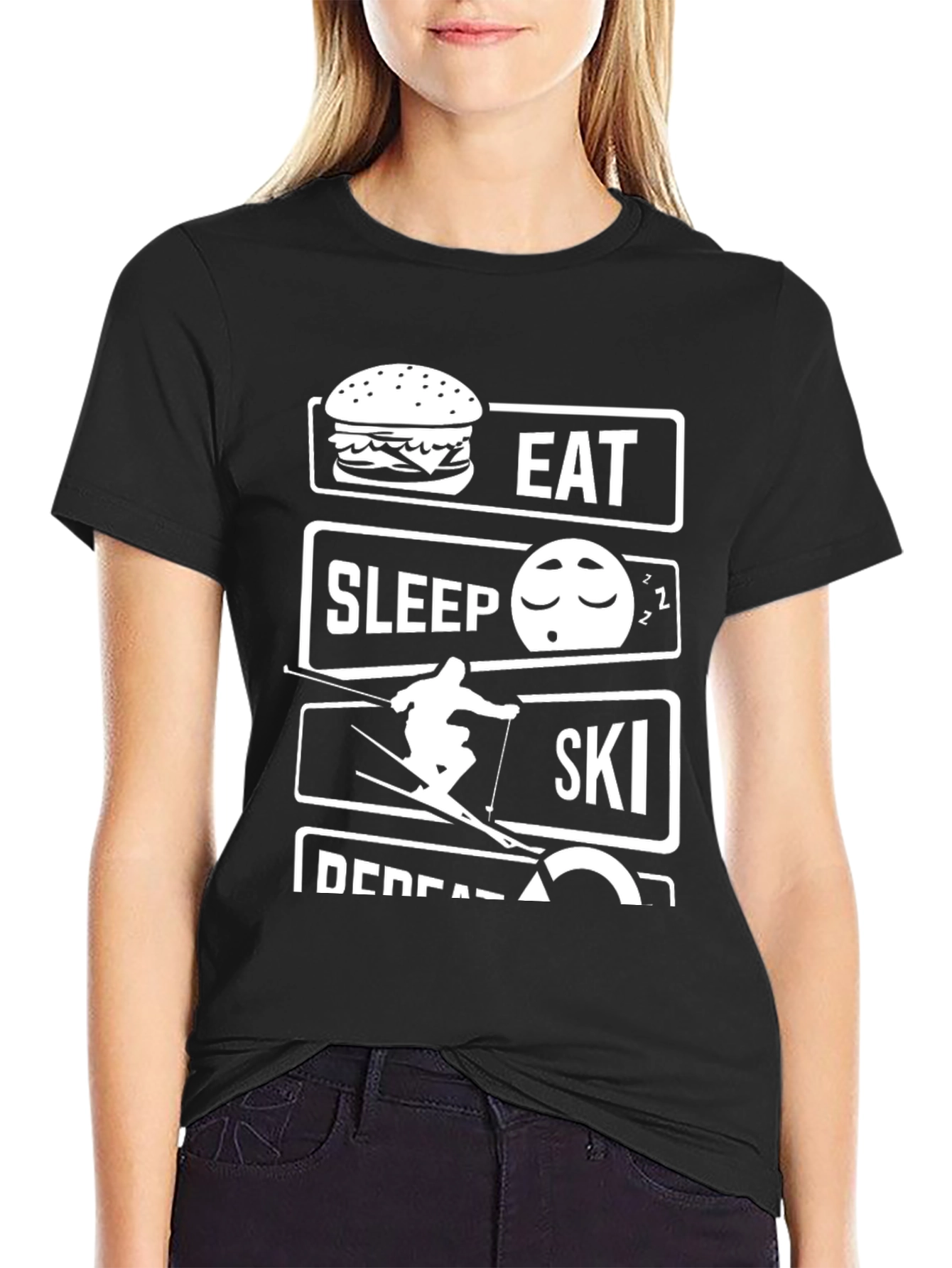 Eat Sleep Ski Repeat Black Graphic T-Shirt
