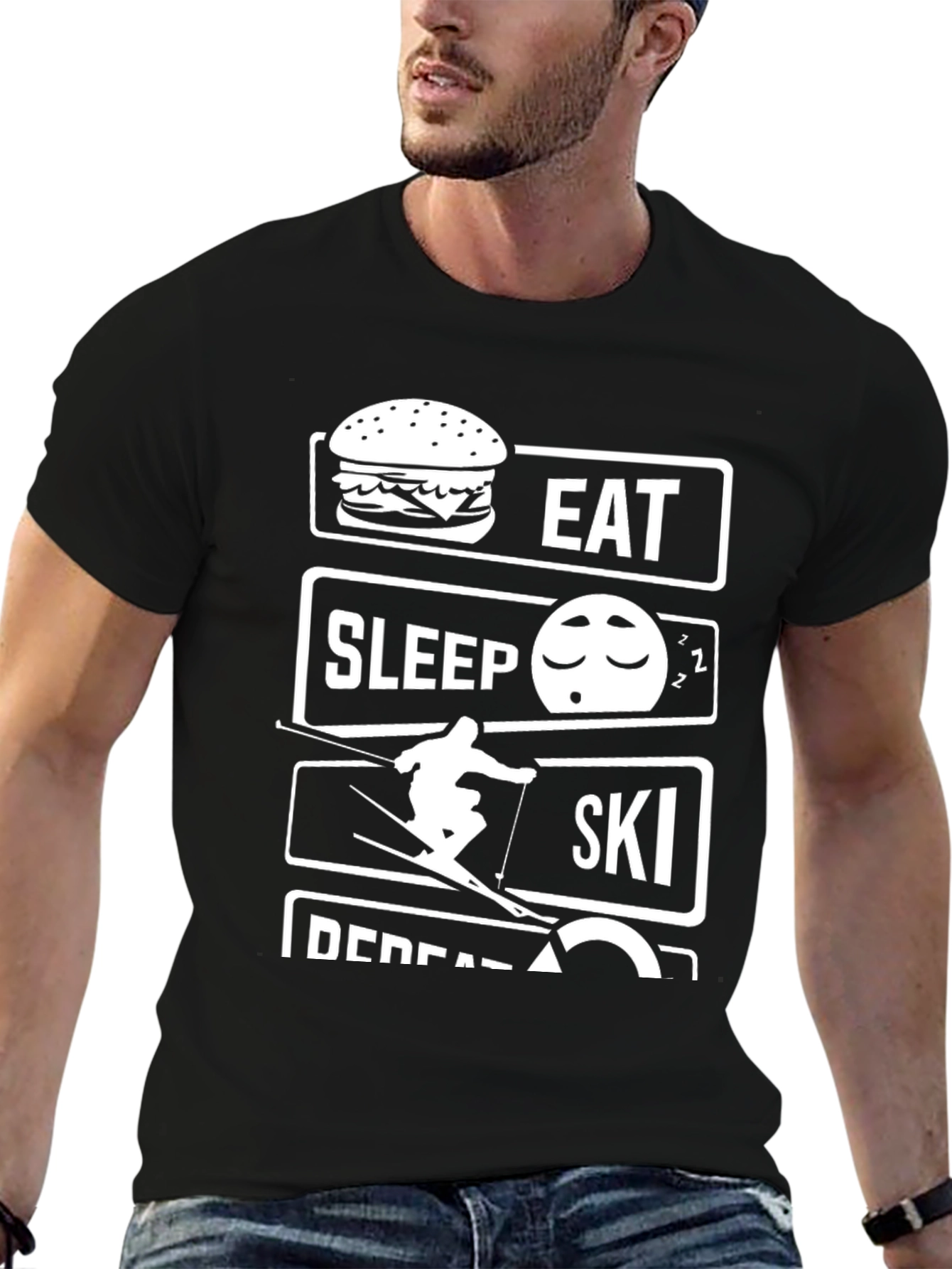 Eat Sleep Ski Repeat Black Graphic T-Shirt
