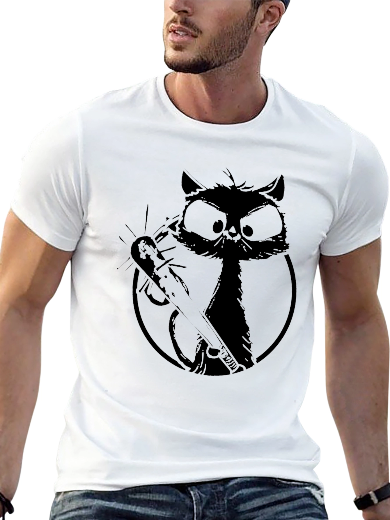 Black Cat with Baseball Bat Graphic Tee
