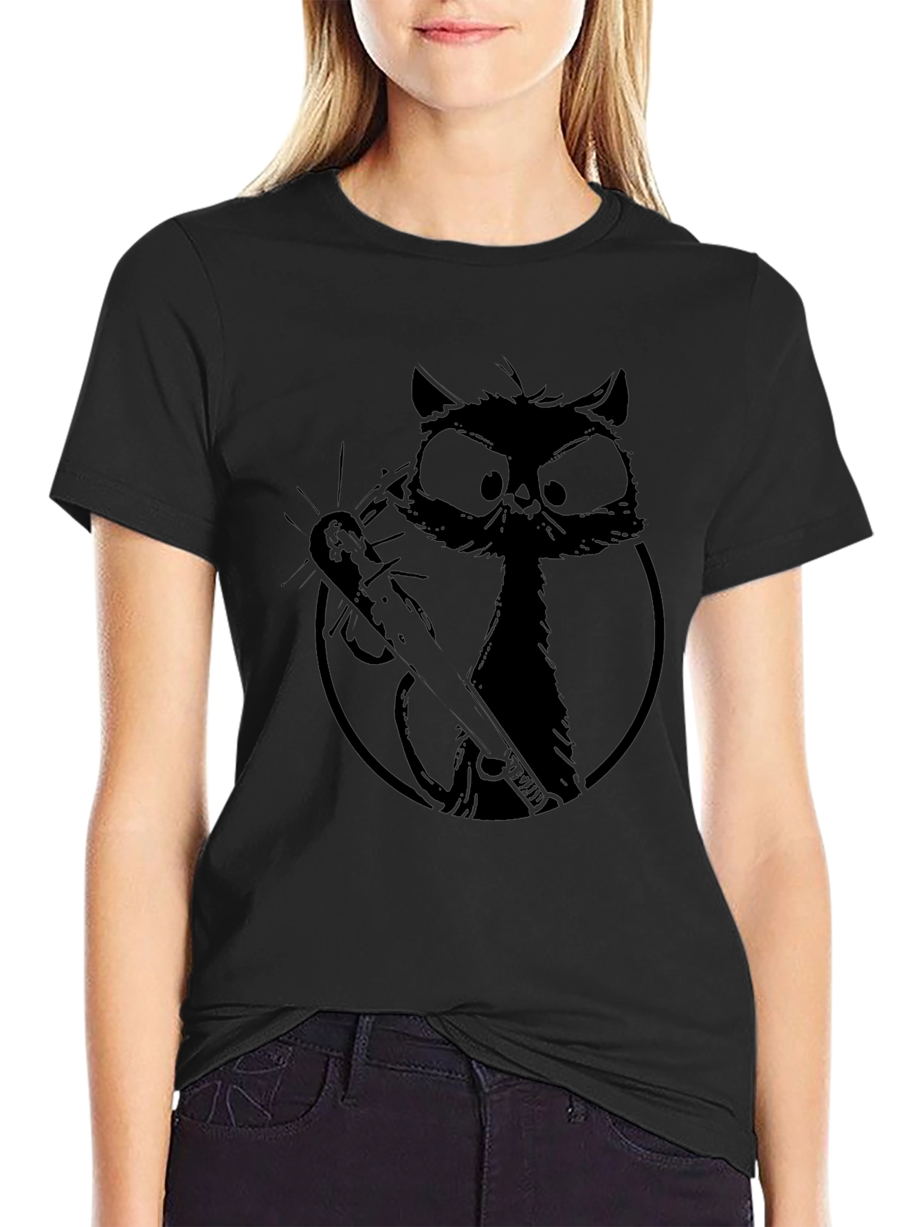 Black Cat with Baseball Bat Graphic Tee