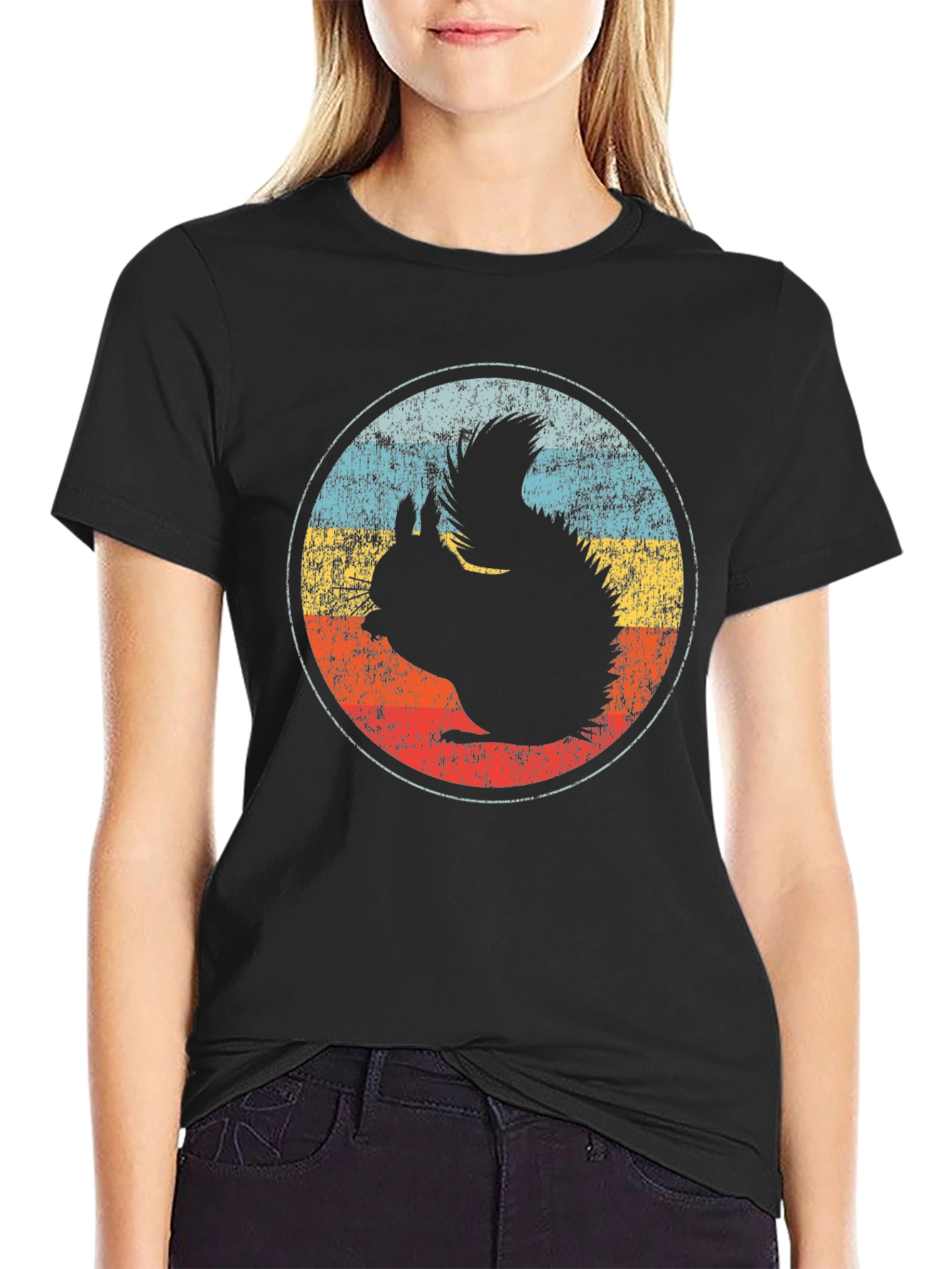 Retro Squirrel Graphic Tee - Black Cotton T-Shirt