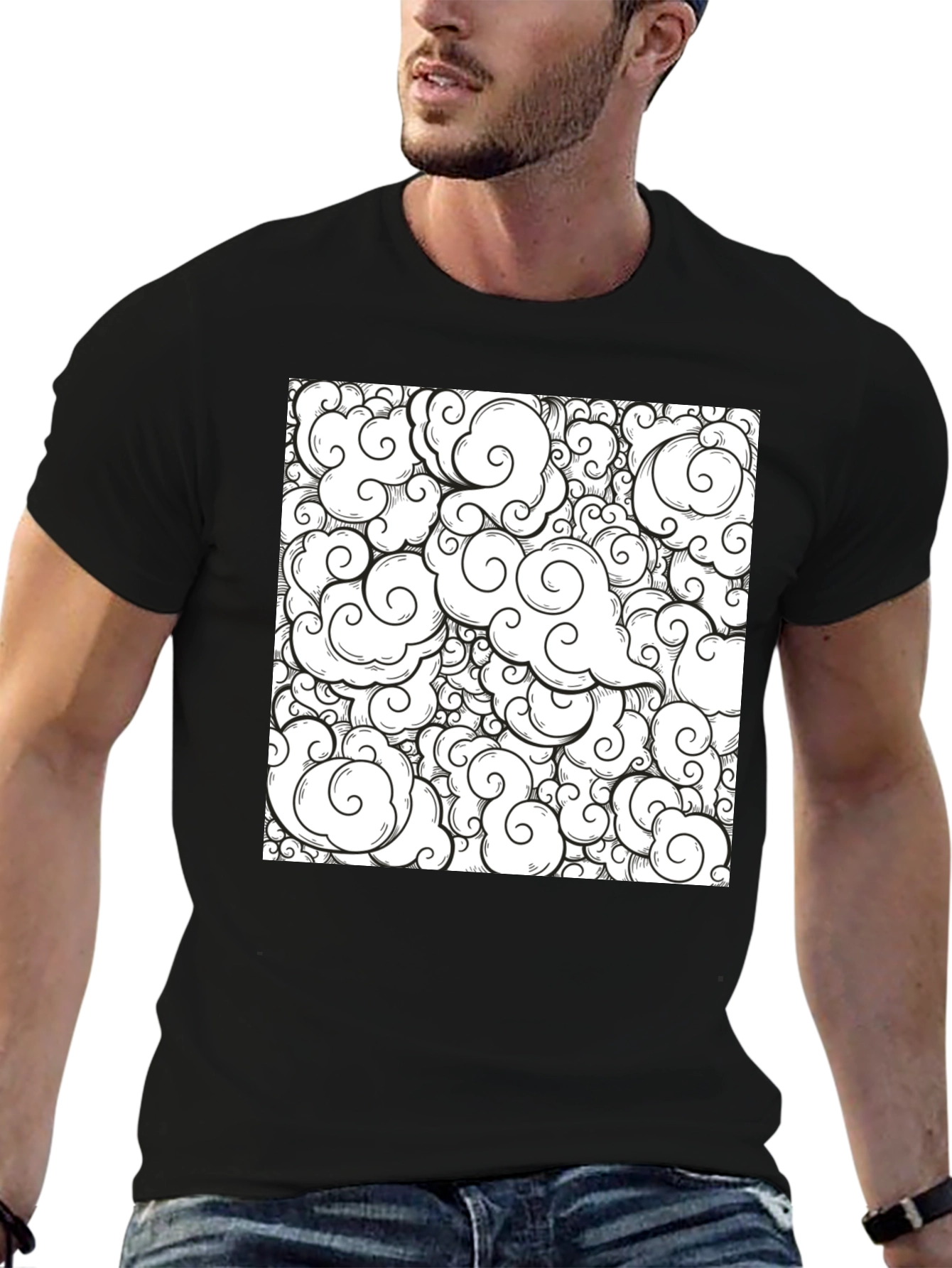 Cloud Pattern Graphic Tee - Black Cotton Shirt