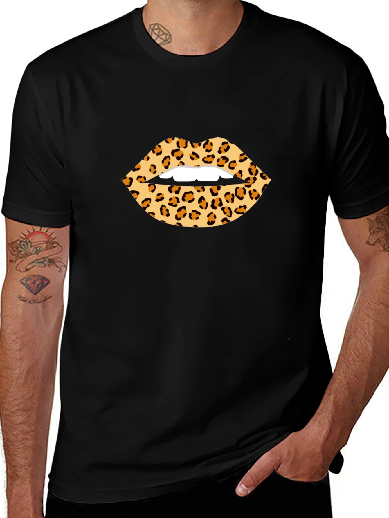 Leopard Print Lips Graphic Tee - Black T-Shirt