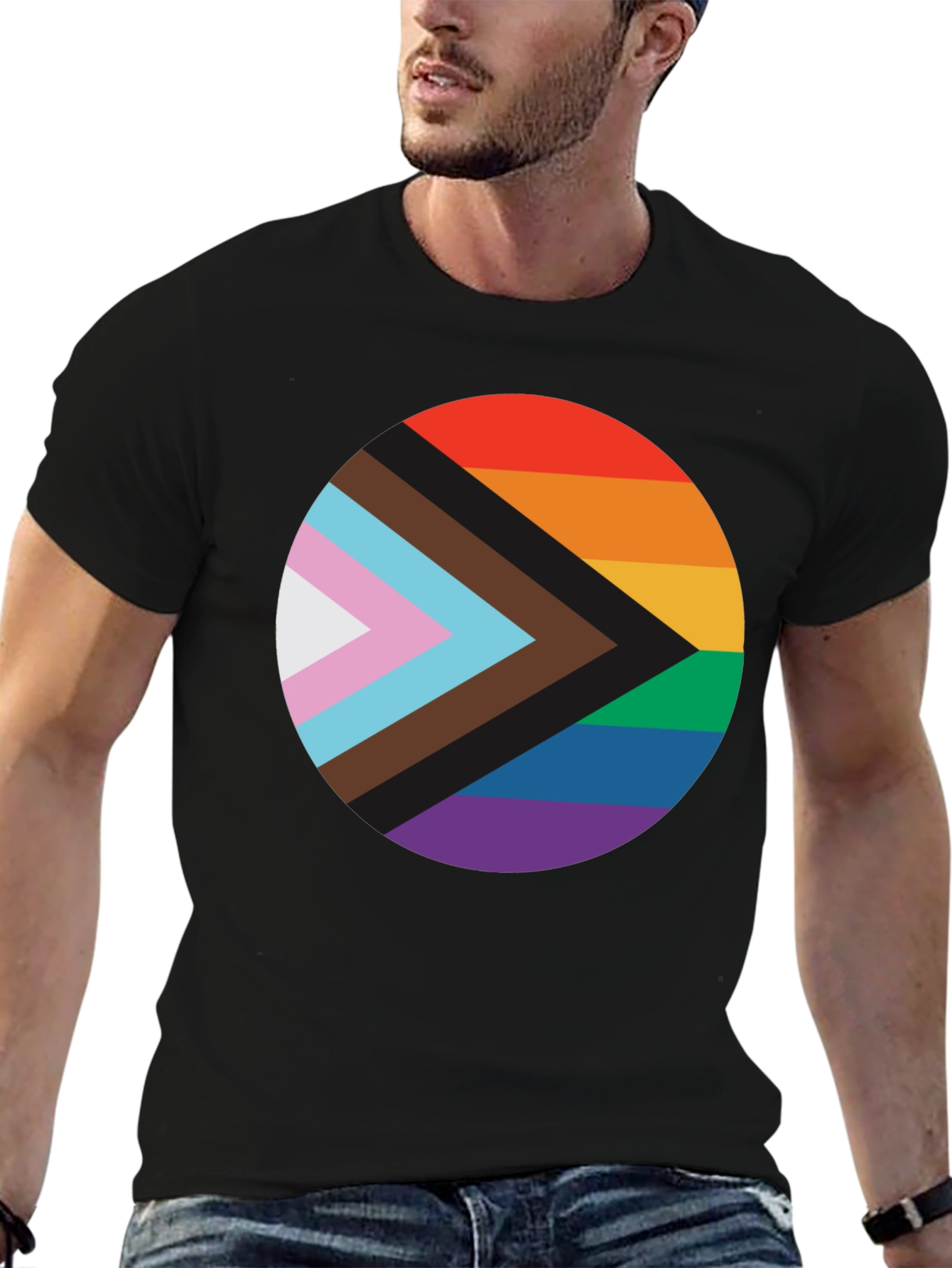 Pride Progress Flag Circle Black T-Shirt