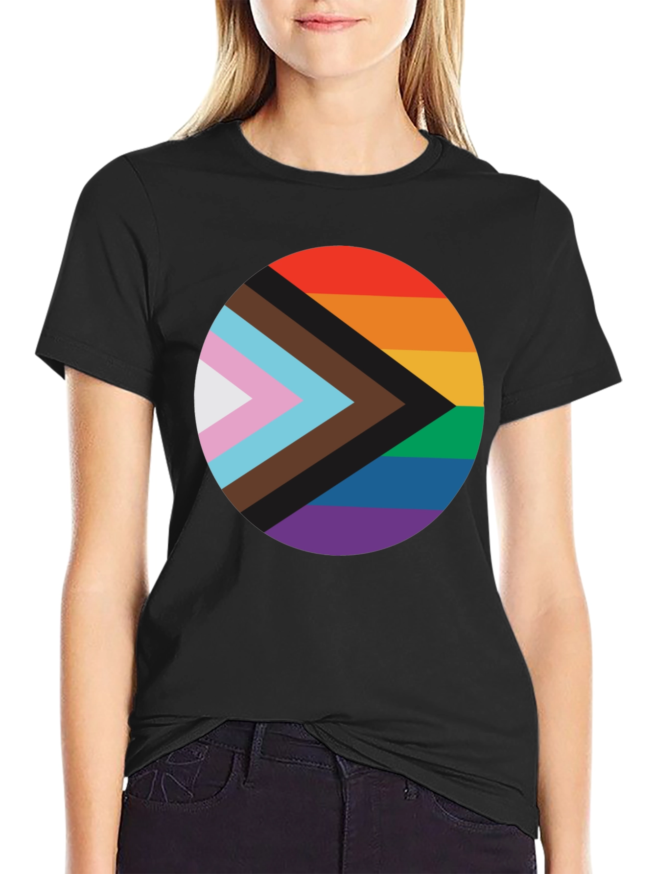 Pride Progress Flag Circle Black T-Shirt