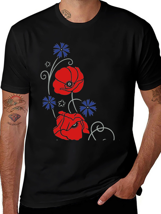 Floral Poppy & Cornflower Print Black T-Shirt