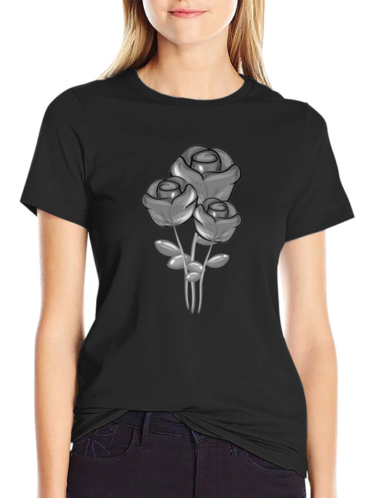 Black T-Shirt with Grey Rose Graphic