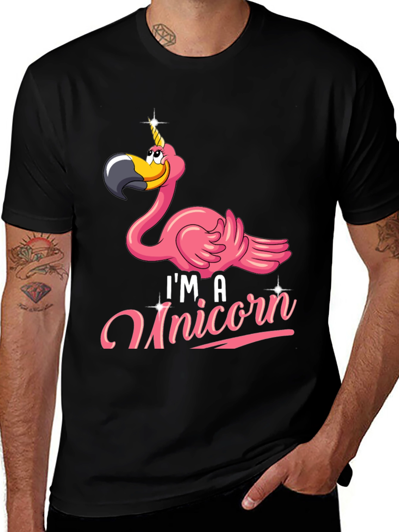 Funny Flamingo Unicorn Mens Black T-Shirt