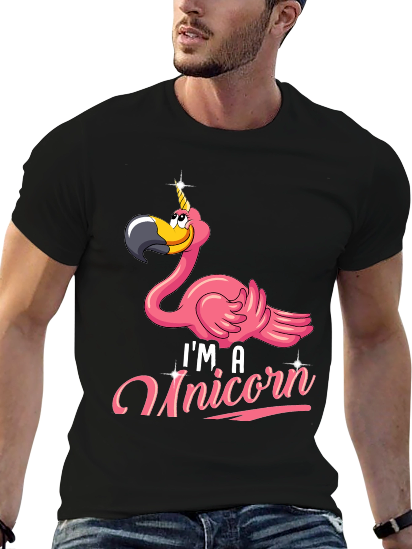 Funny Flamingo Unicorn Mens Black T-Shirt