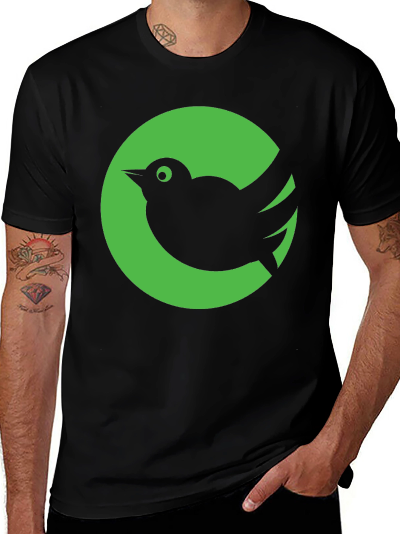 Green Bird Graphic Tee - Stylish Black Cotton T-Shirt