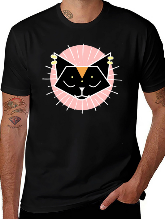 Geometric Cat Graphic Tee - Black Cotton T-Shirt