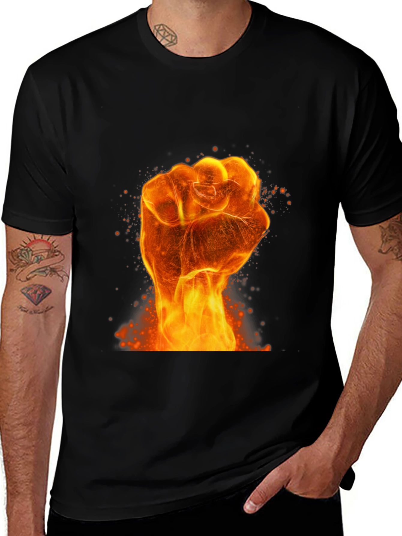 Fiery Fist Graphic Print Black T-Shirt