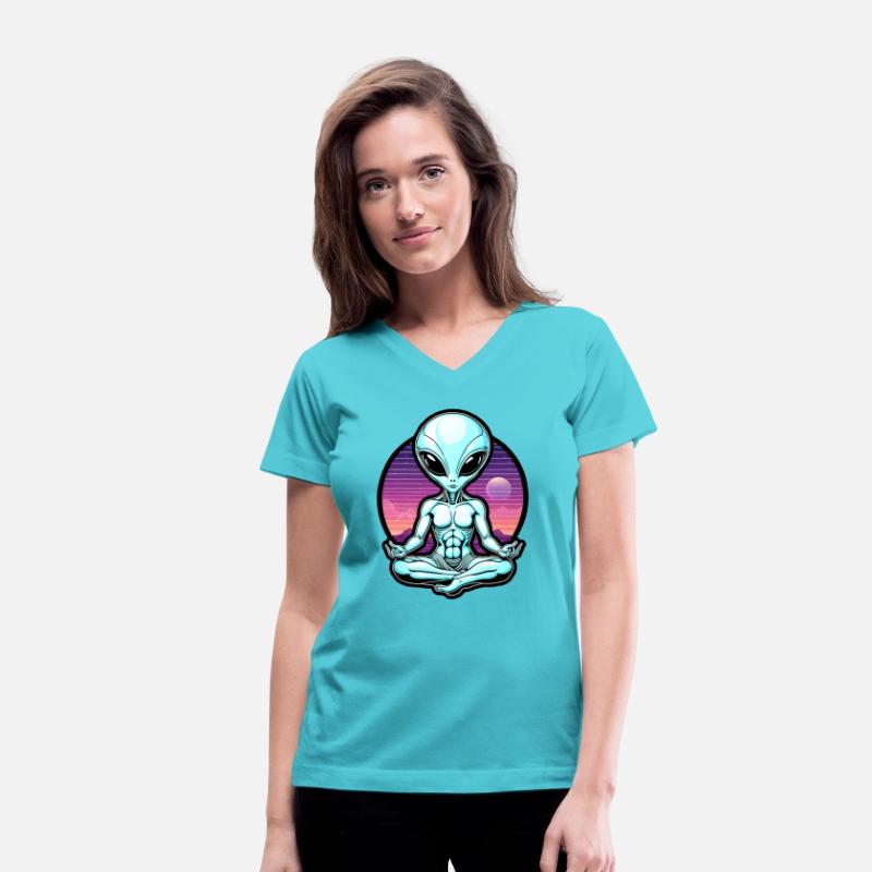 Vaporwave design of meditating grey alien