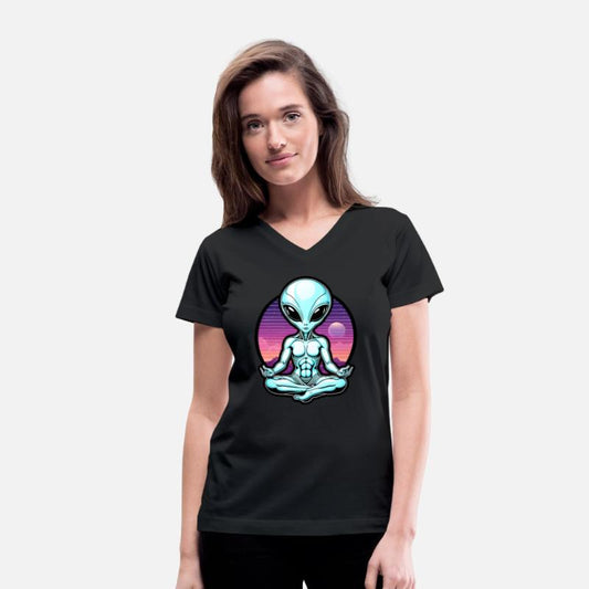 Vaporwave design of meditating grey alien