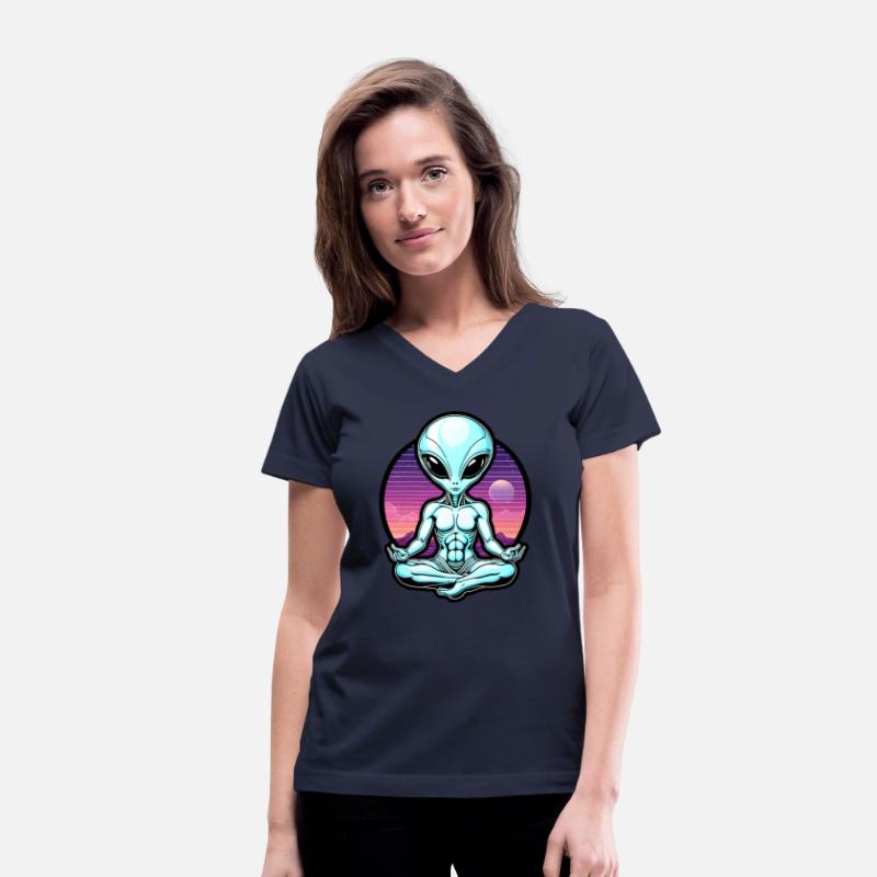 Vaporwave design of meditating grey alien