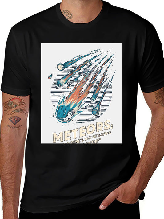 Meteor Shower Graphic Tee - Black Cotton Casual T-Shirt