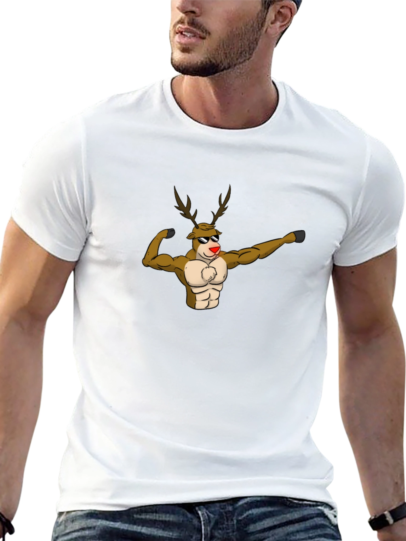 Muscular Reindeer Graphic T-Shirt