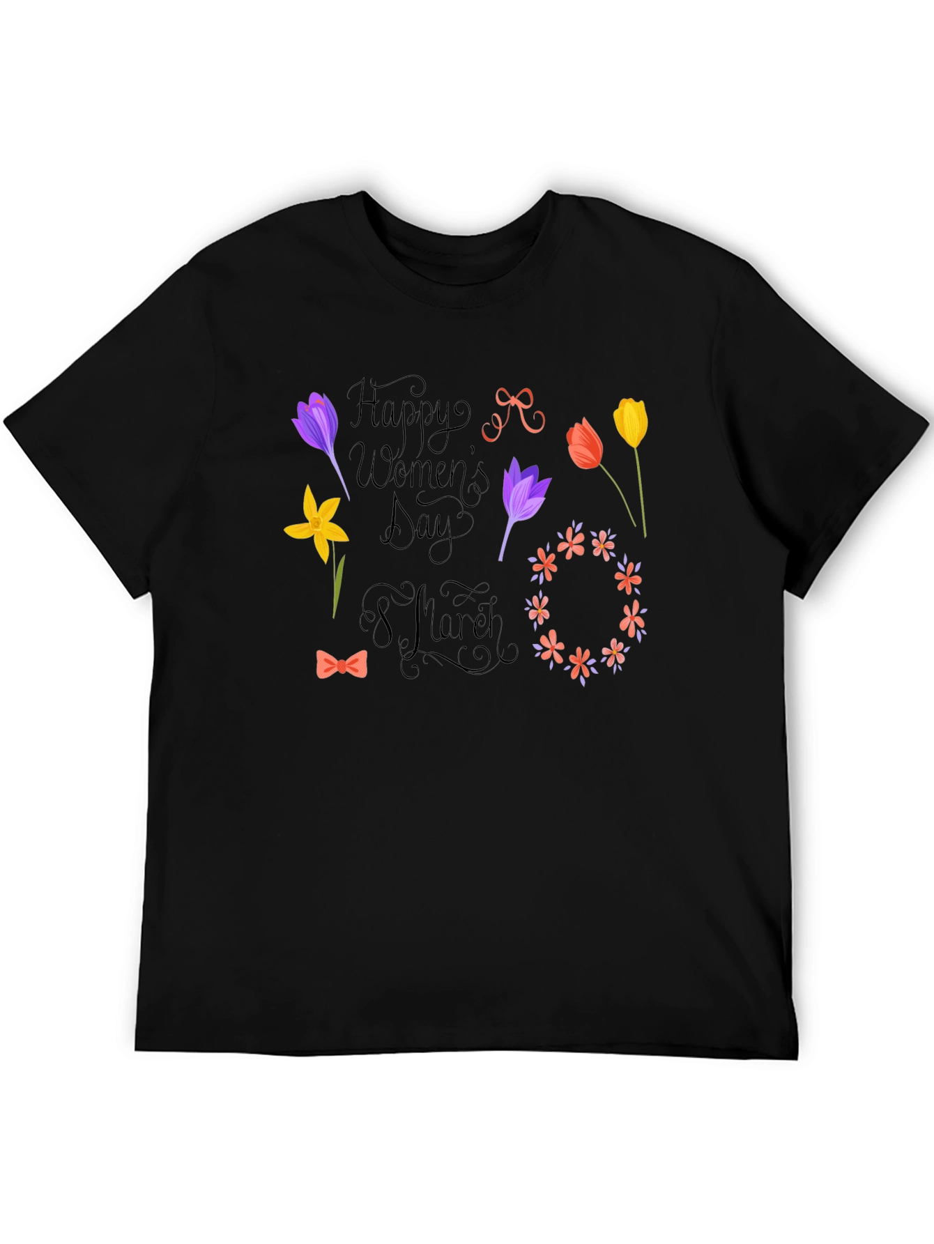 Happy Womens Day Black T-Shirt - Floral Design