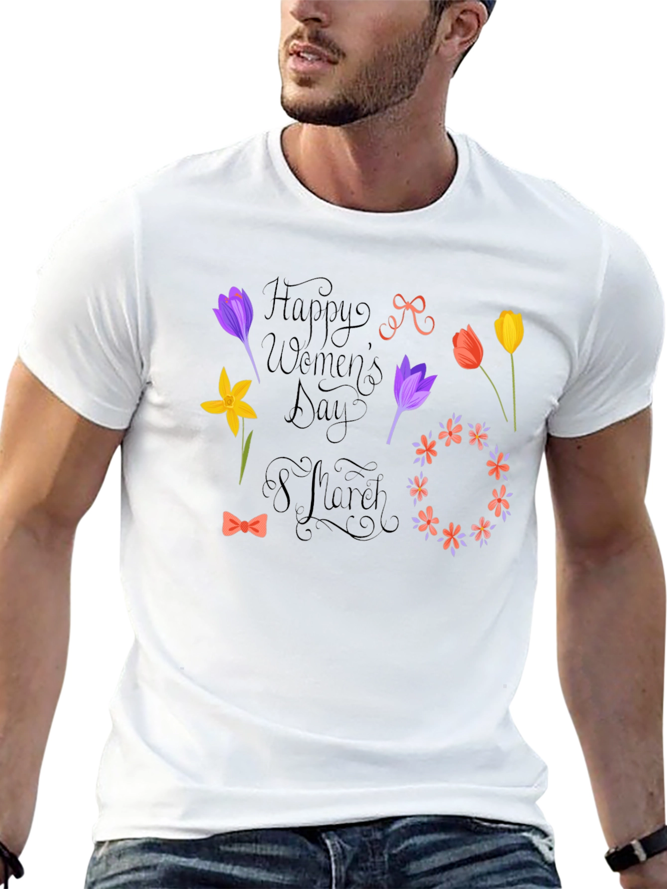 Happy Womens Day Black T-Shirt - Floral Design