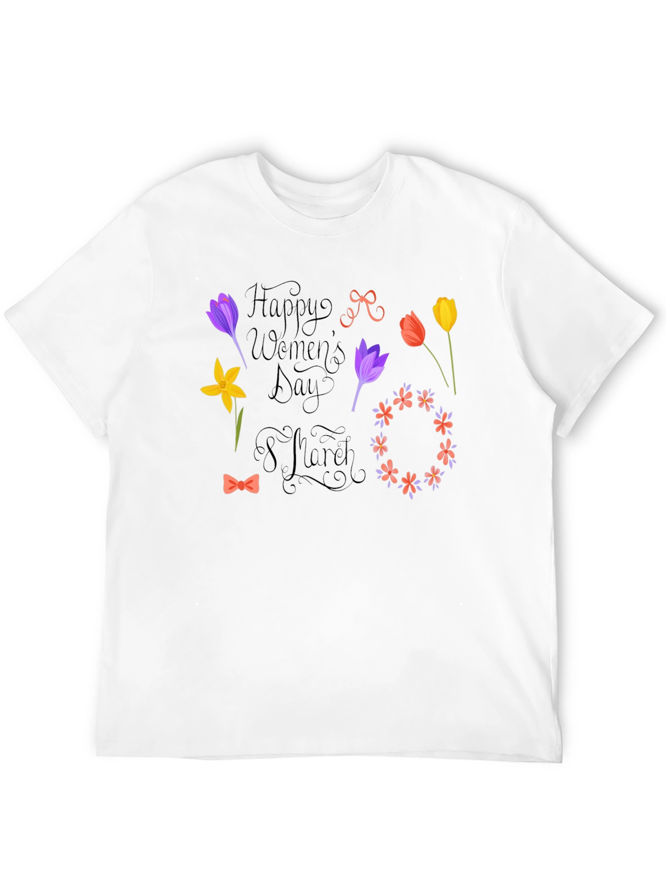 Happy Womens Day Black T-Shirt - Floral Design