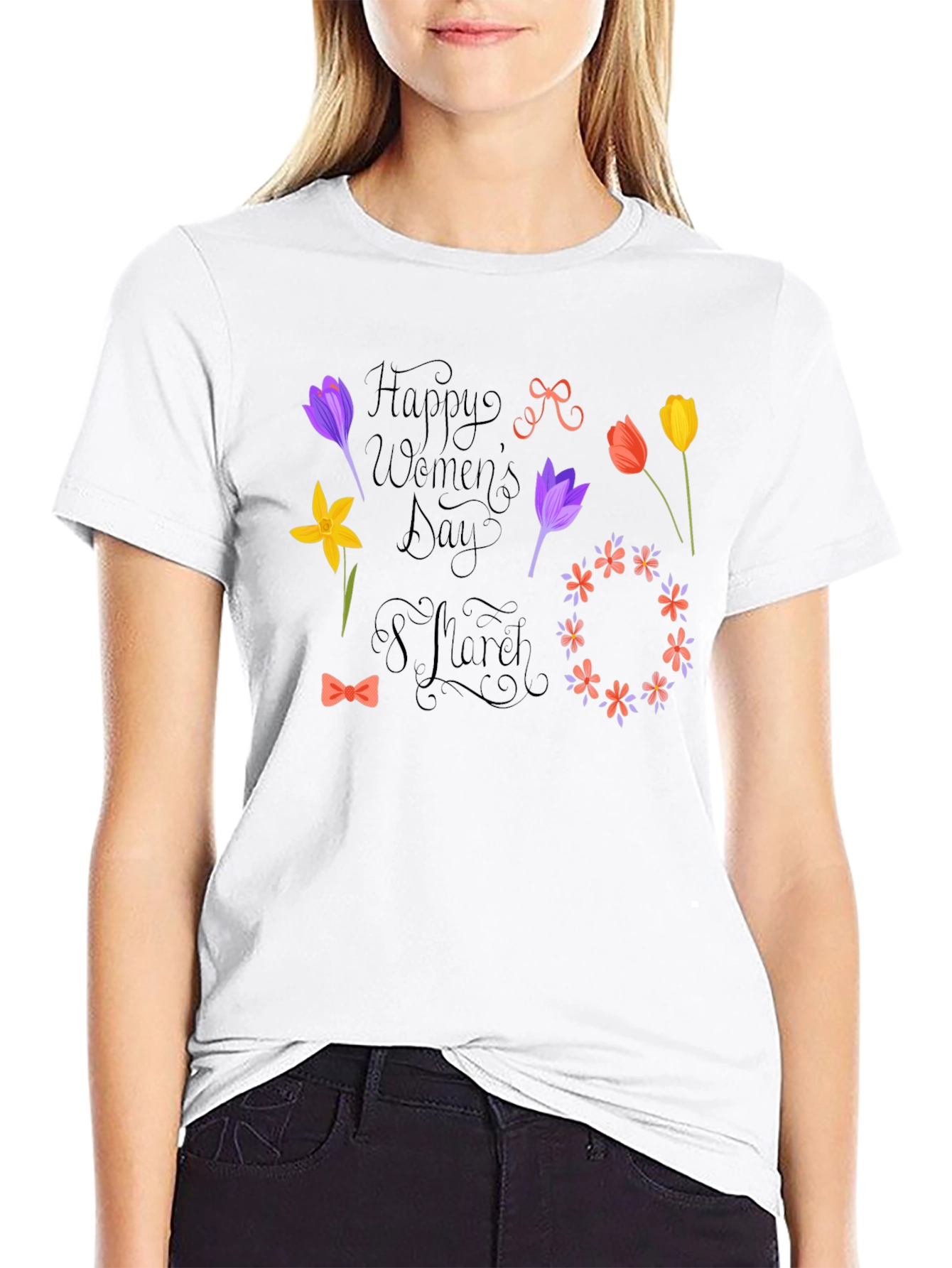 Happy Womens Day Black T-Shirt - Floral Design