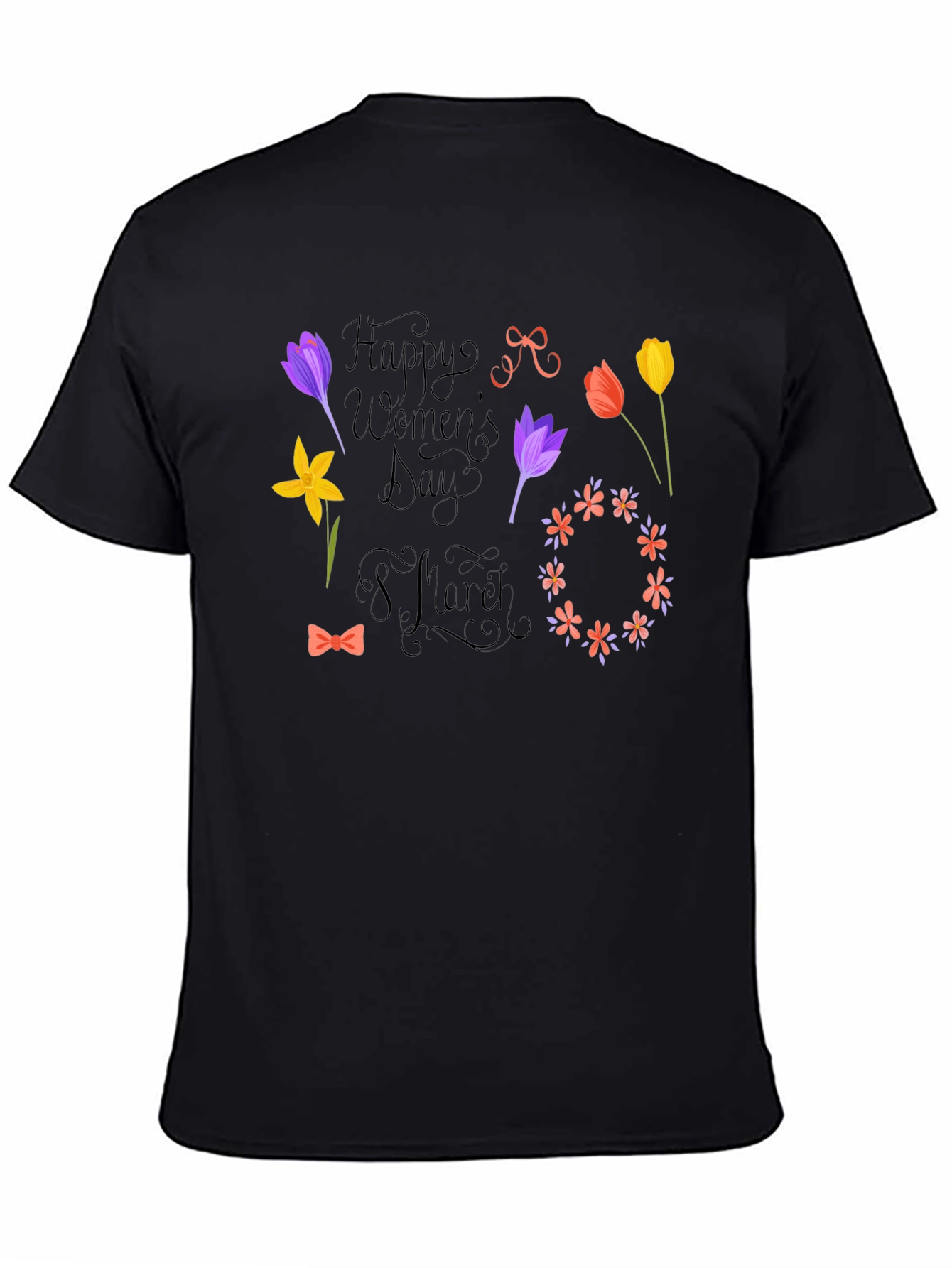Happy Womens Day Black T-Shirt - Floral Design