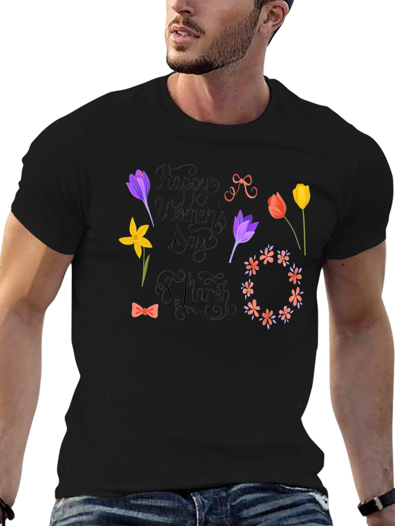 Happy Womens Day Black T-Shirt - Floral Design