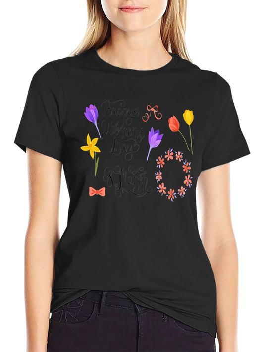 Happy Womens Day Black T-Shirt - Floral Design
