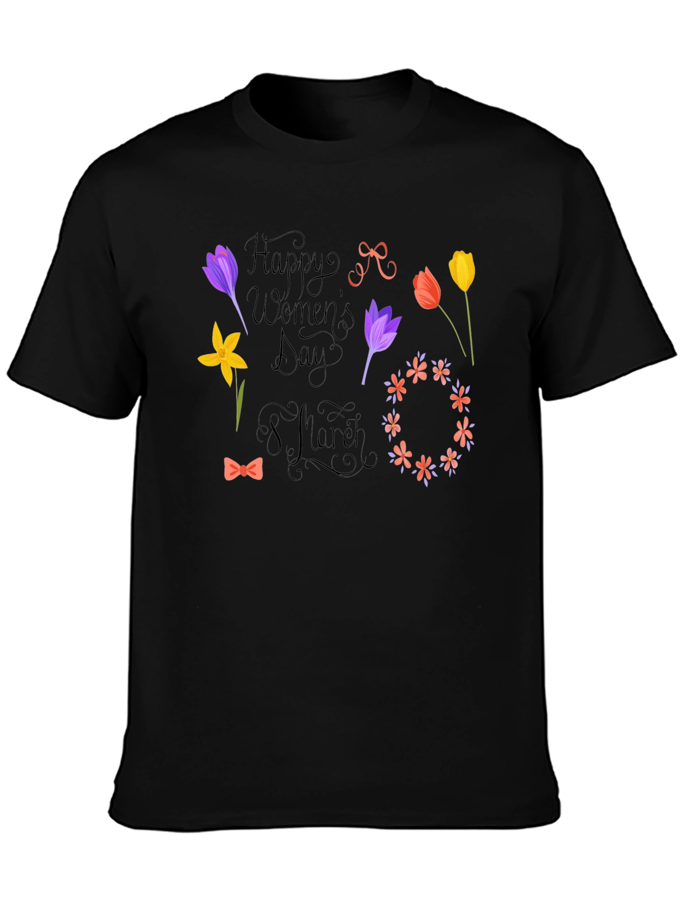 Happy Womens Day Black T-Shirt - Floral Design