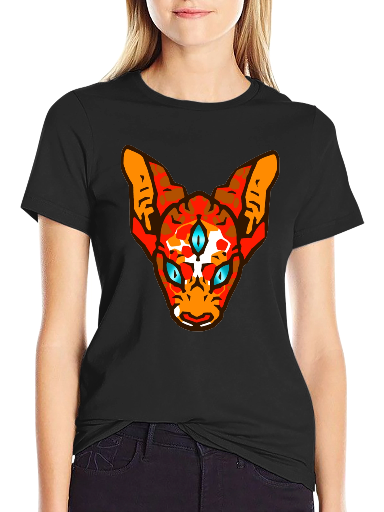 Mens Black Graphic Tee with Three-Eyed Cat Design