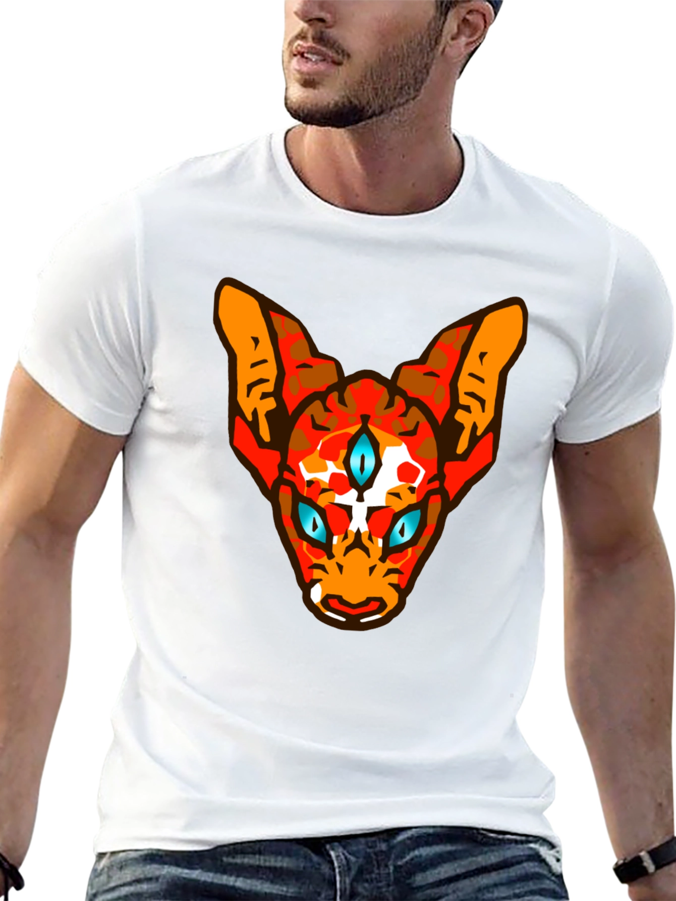 Mens Black Graphic Tee with Three-Eyed Cat Design