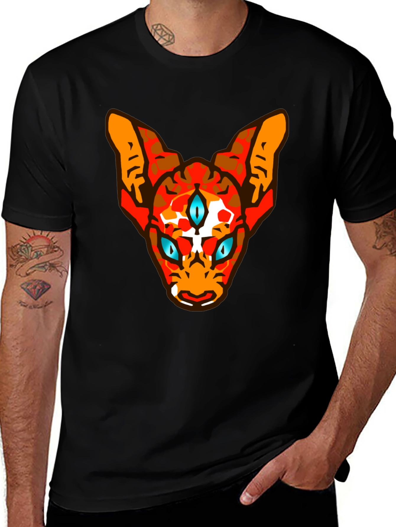 Mens Black Graphic Tee with Three-Eyed Cat Design