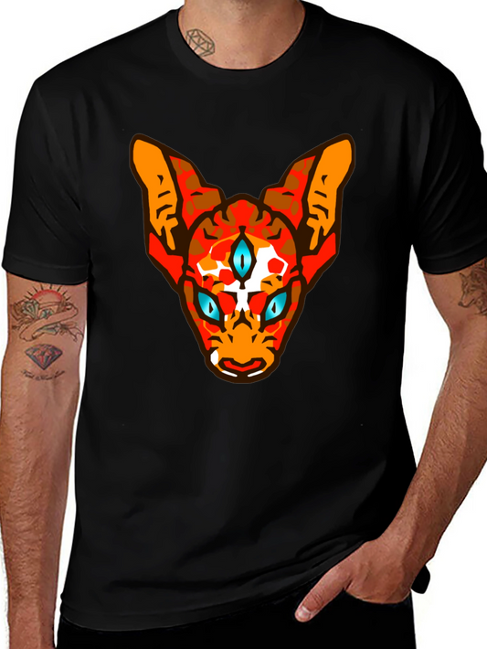 Mens Black Graphic Tee with Three-Eyed Cat Design