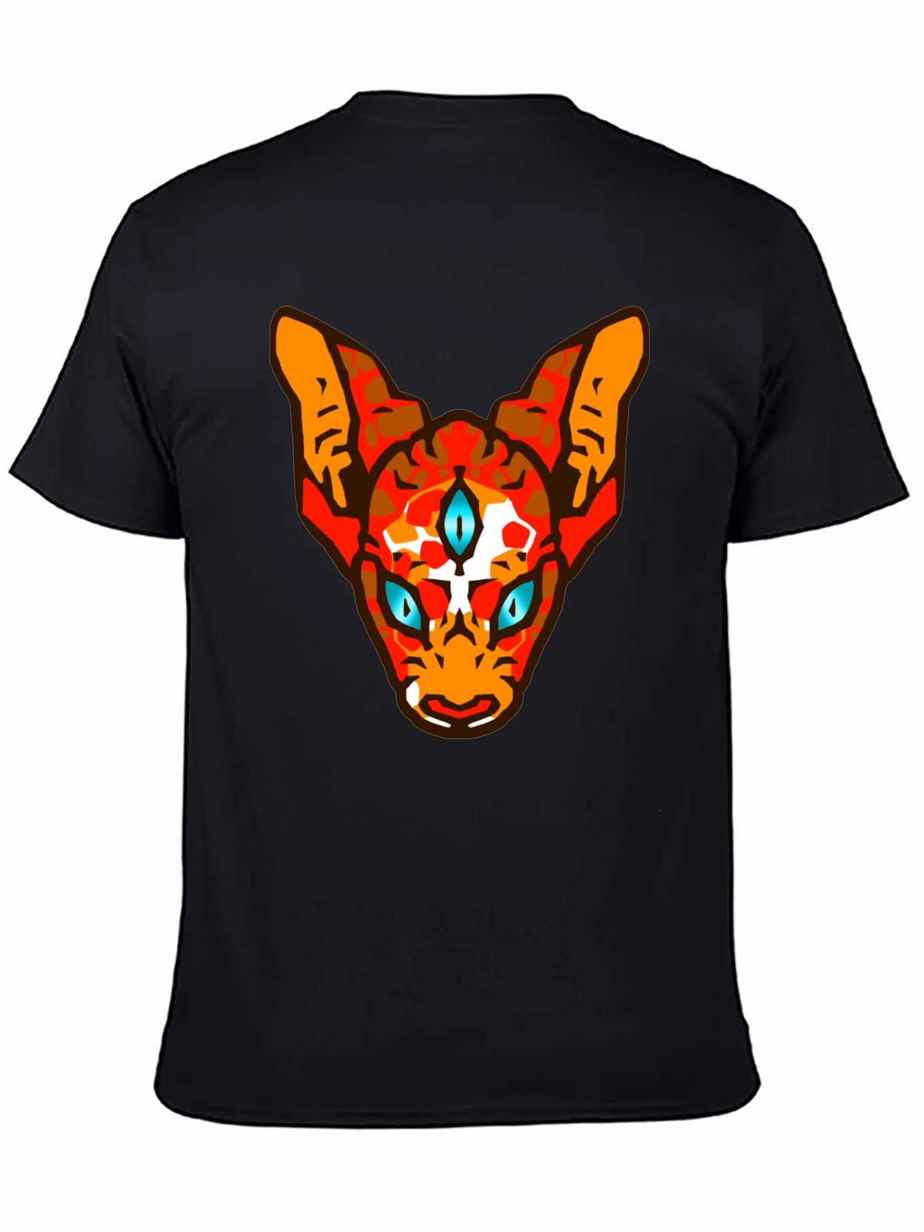 Mens Black Graphic Tee with Three-Eyed Cat Design