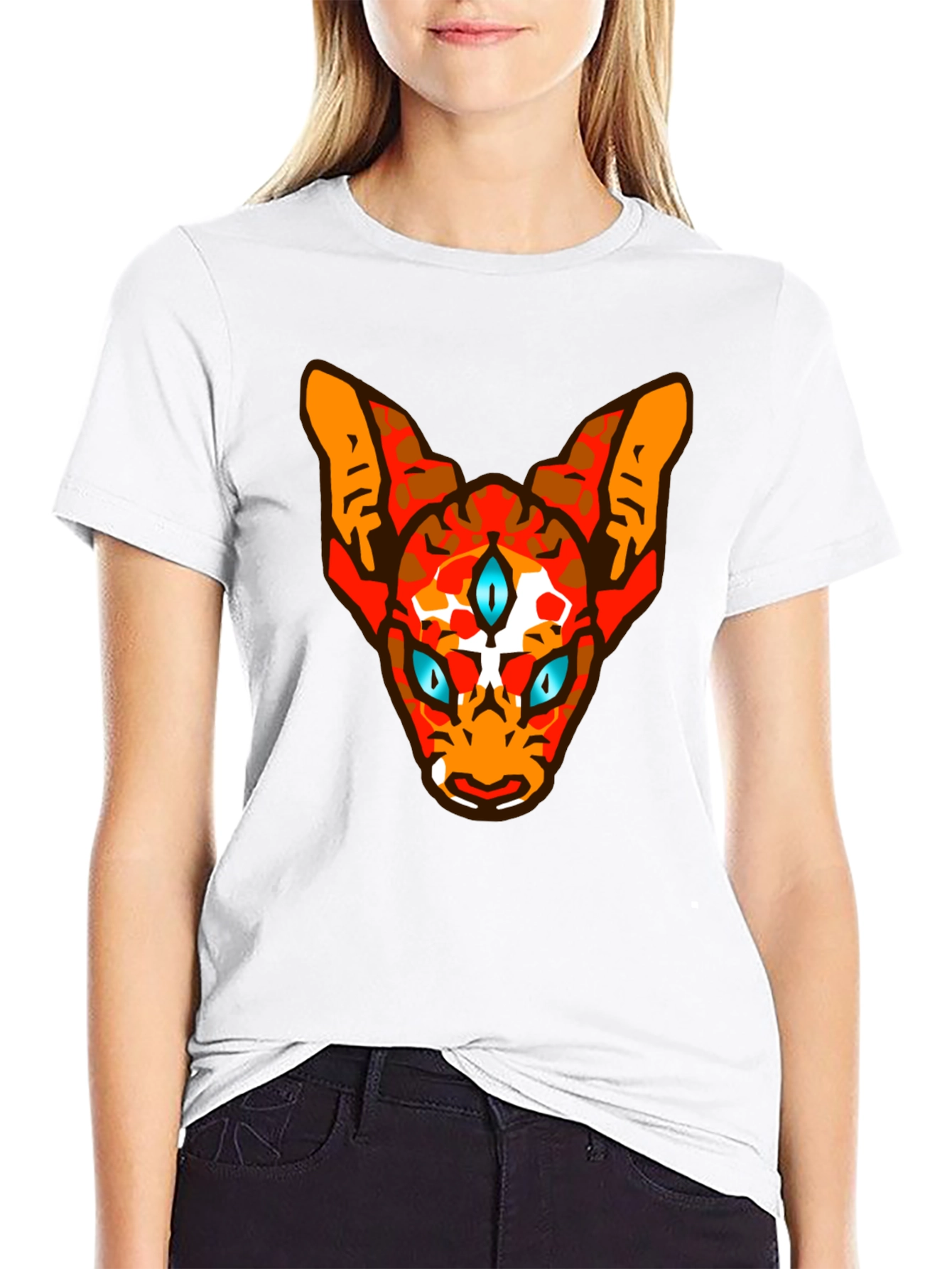 Mens Black Graphic Tee with Three-Eyed Cat Design