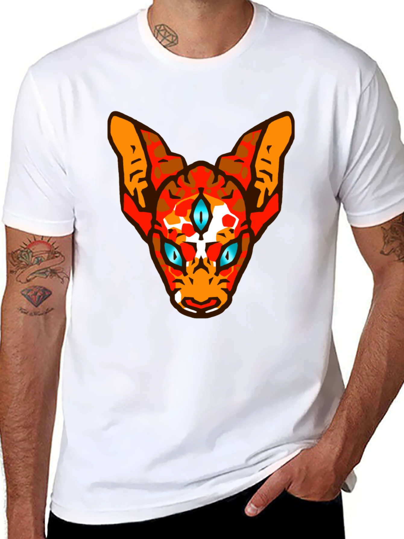 Mens Black Graphic Tee with Three-Eyed Cat Design
