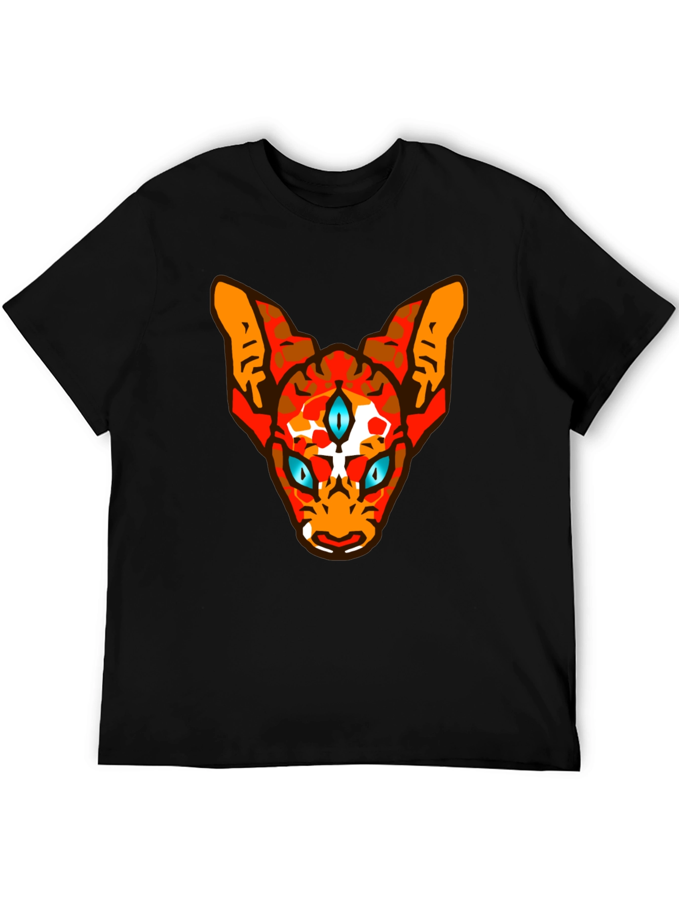 Mens Black Graphic Tee with Three-Eyed Cat Design