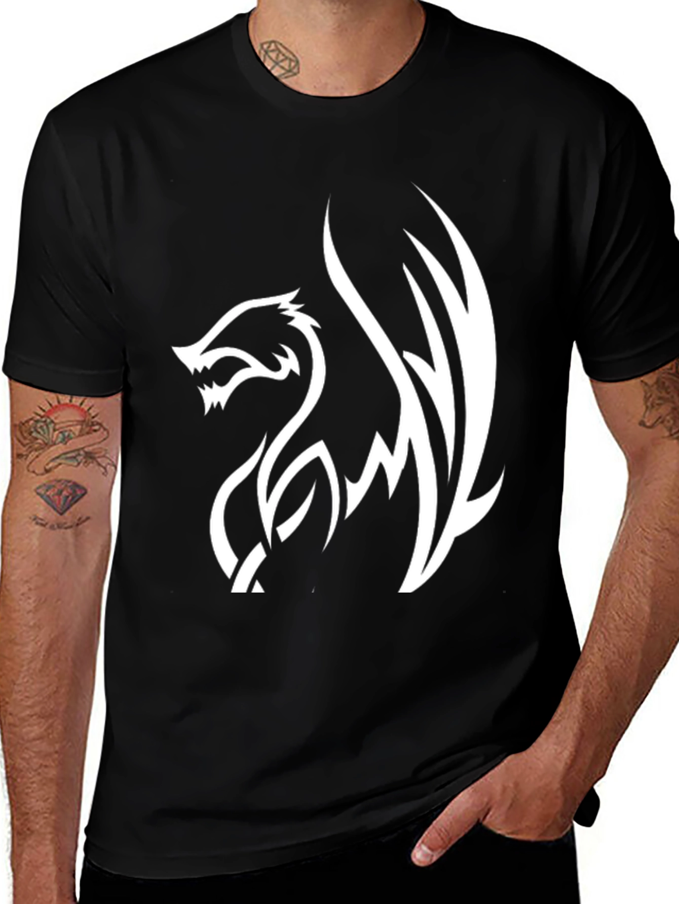 Mens Black T-Shirt with White Dragon Graphic