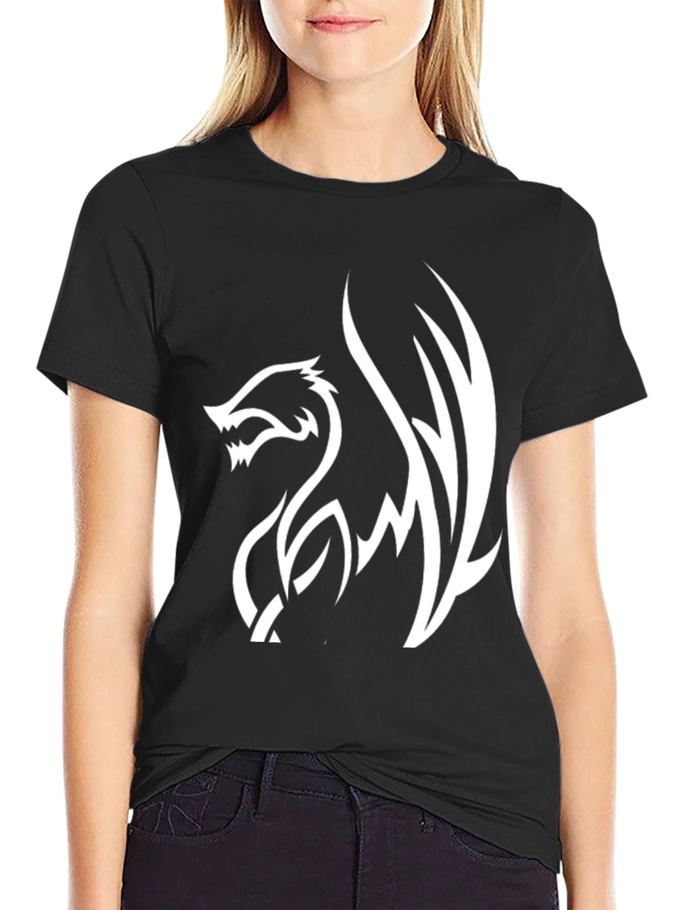 Mens Black T-Shirt with White Dragon Graphic