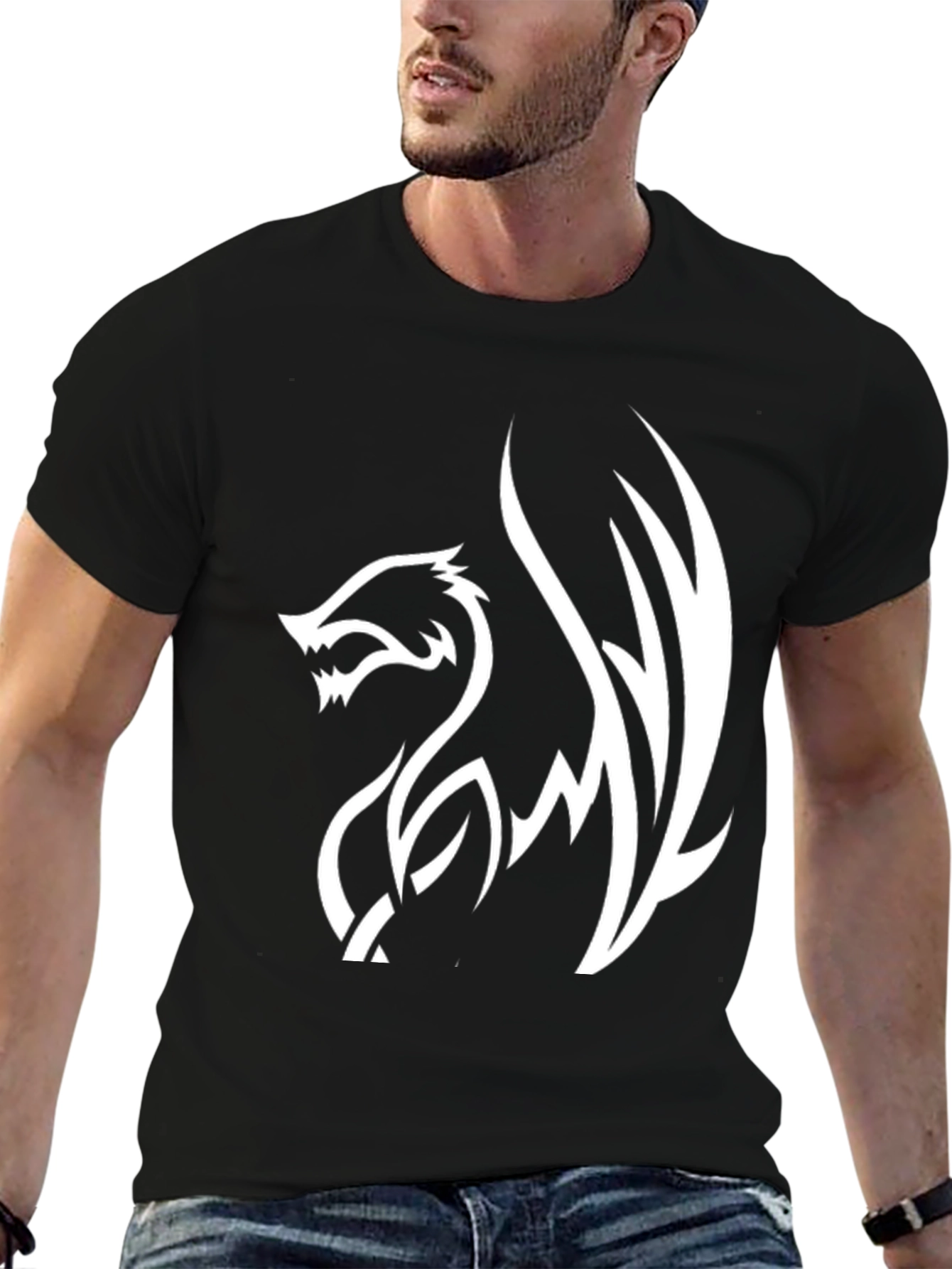 Mens Black T-Shirt with White Dragon Graphic