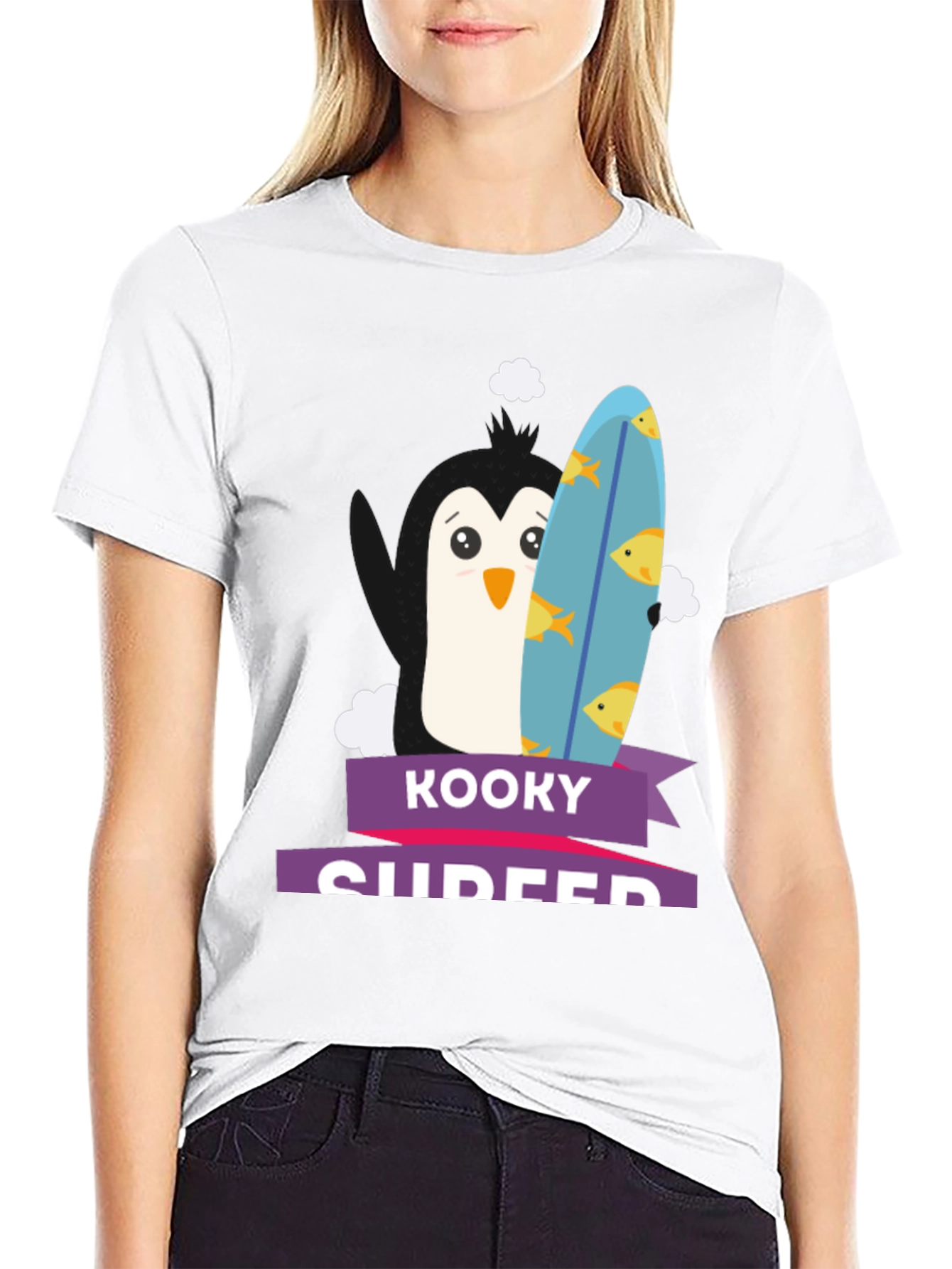 Kooky Surfer Penguin Graphic Tee - Fun Black T-Shirt