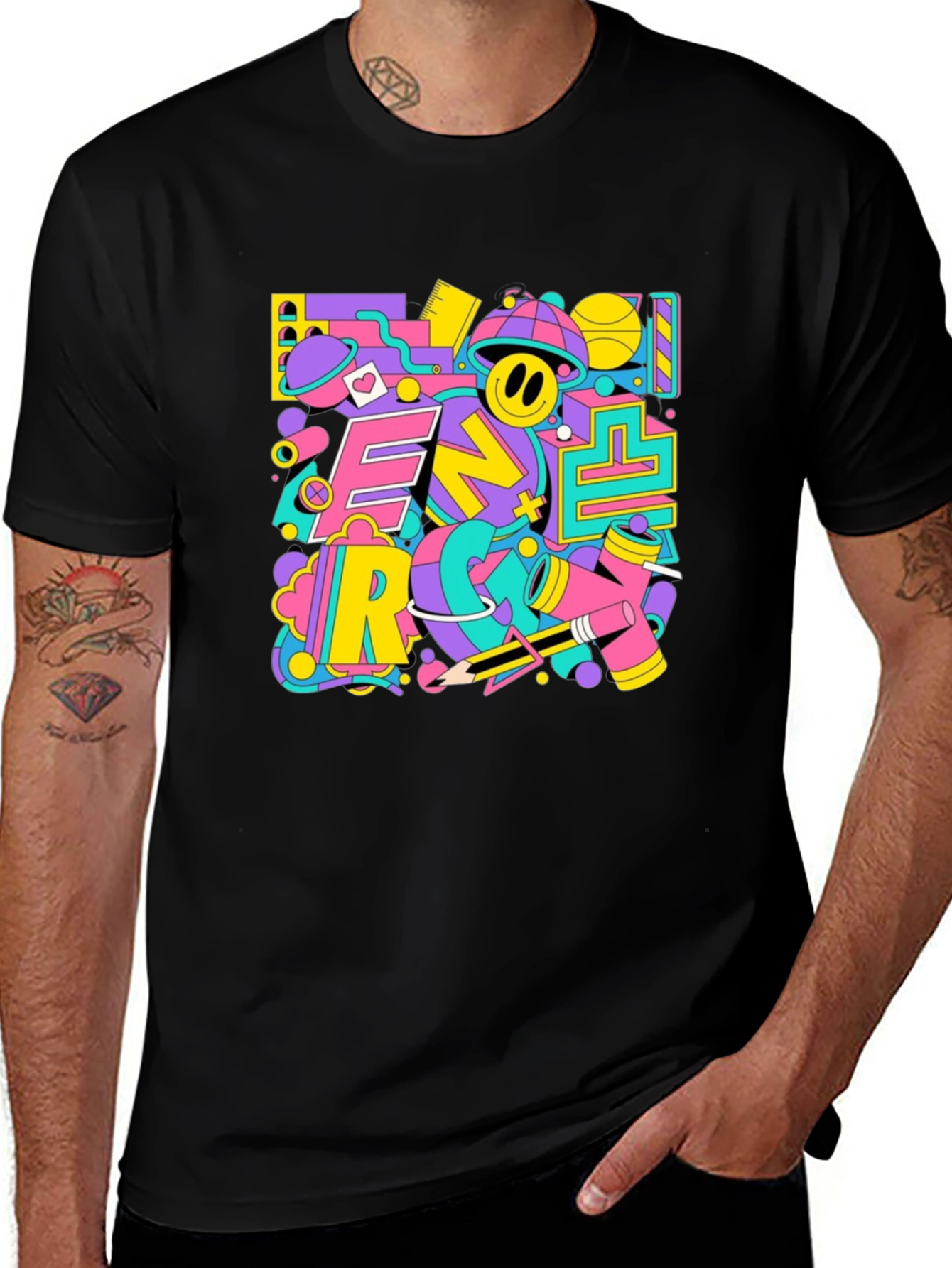 Funky Retro Graphic Print Black T-Shirt