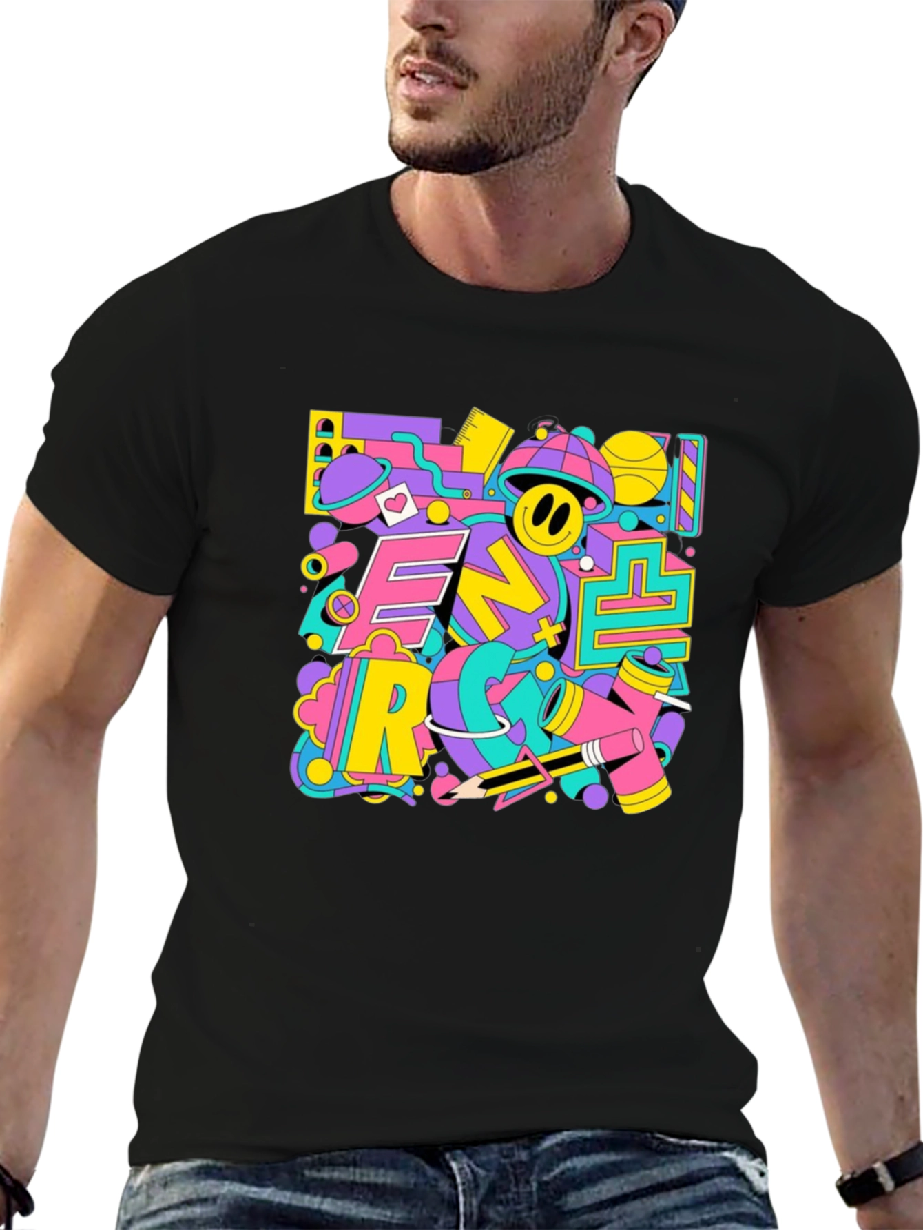 Funky Retro Graphic Print Black T-Shirt