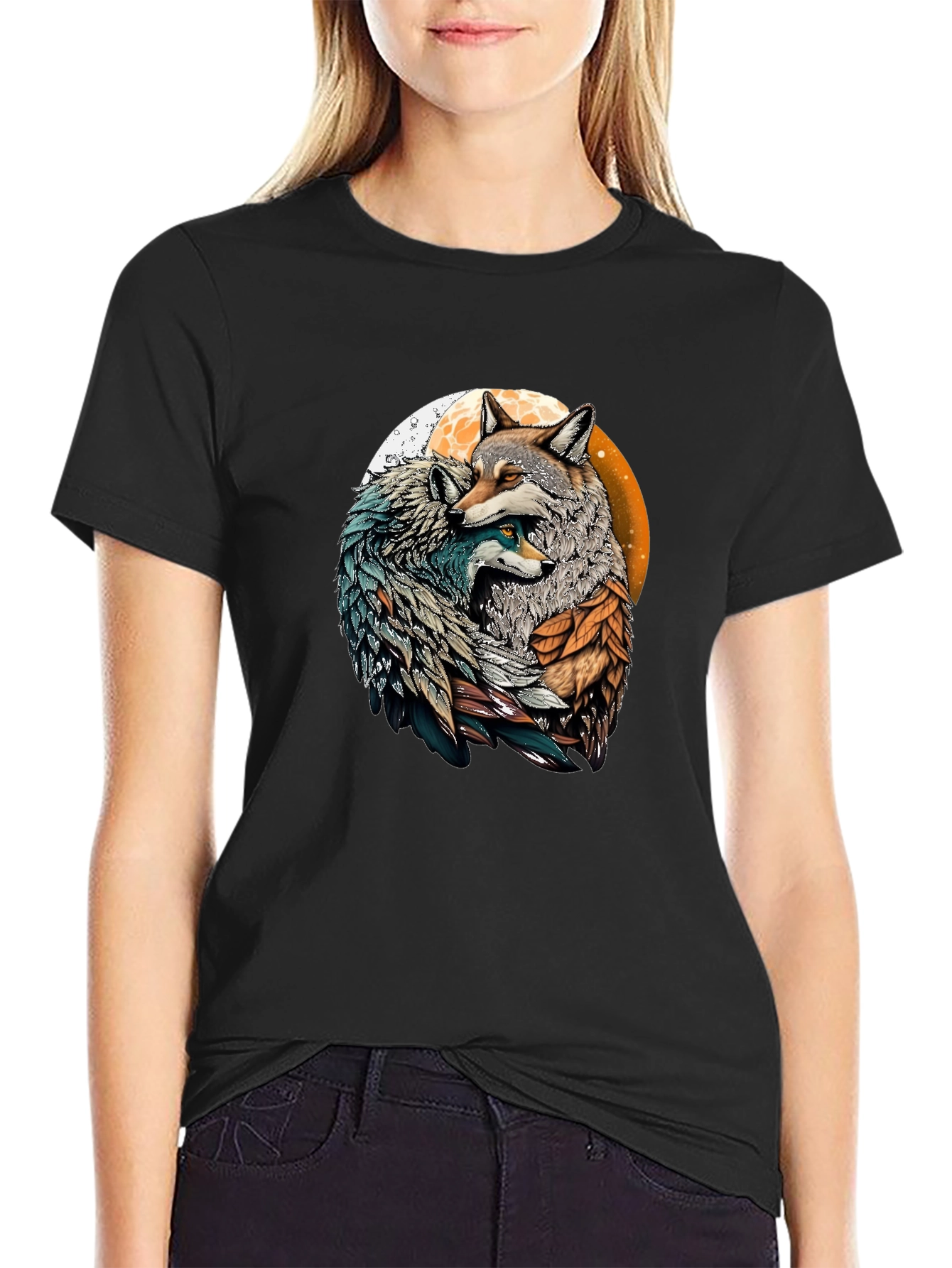 Wolf Couple Graphic Black T-Shirt